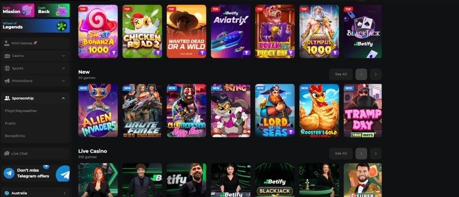 Capture d'écran de la page d'accueil du site montrant l'interface de connexion et les options de jeu en devise locale (EUR).